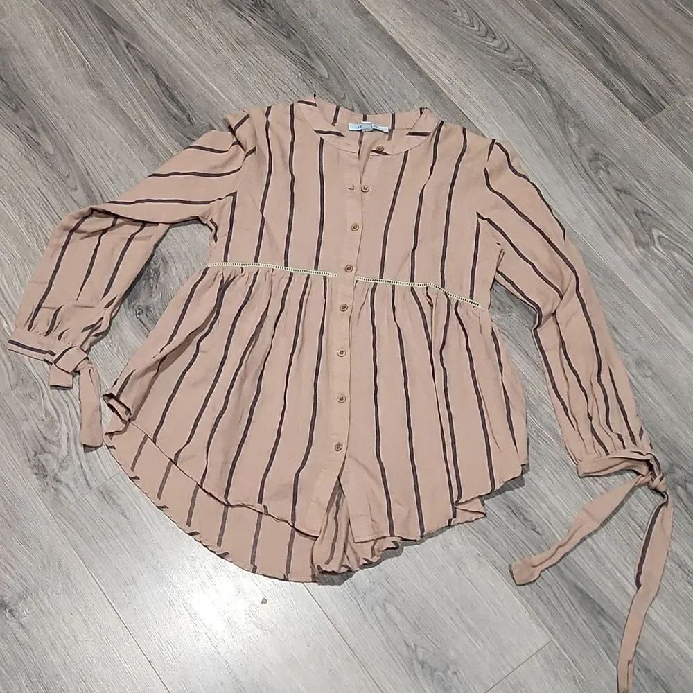 She + Sky Boho Taupe Navy Striped Tie Top
